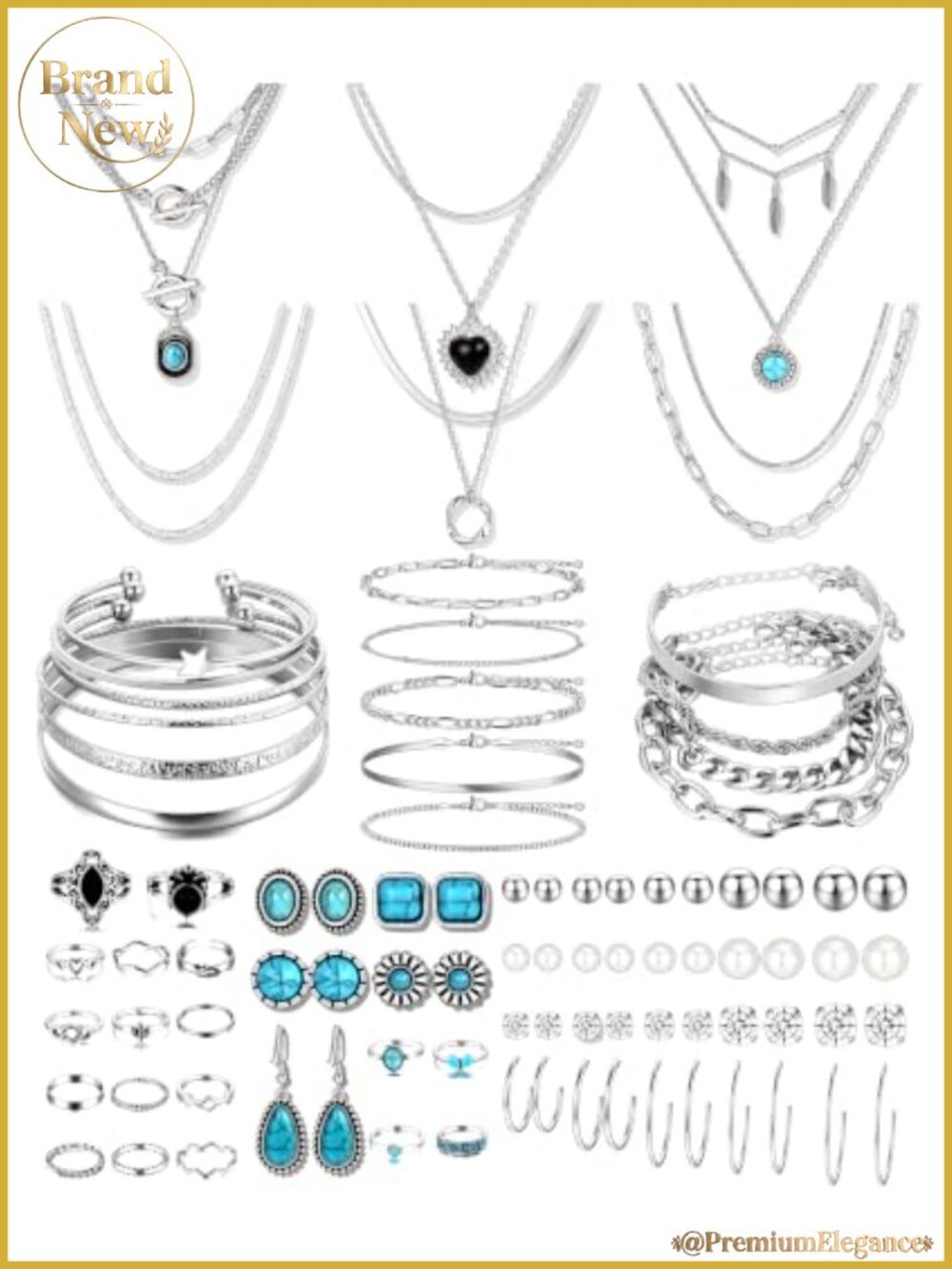 73PC Boho Turquoise Jewelry Set for Women - Vintage Costume Mix & Match Layering